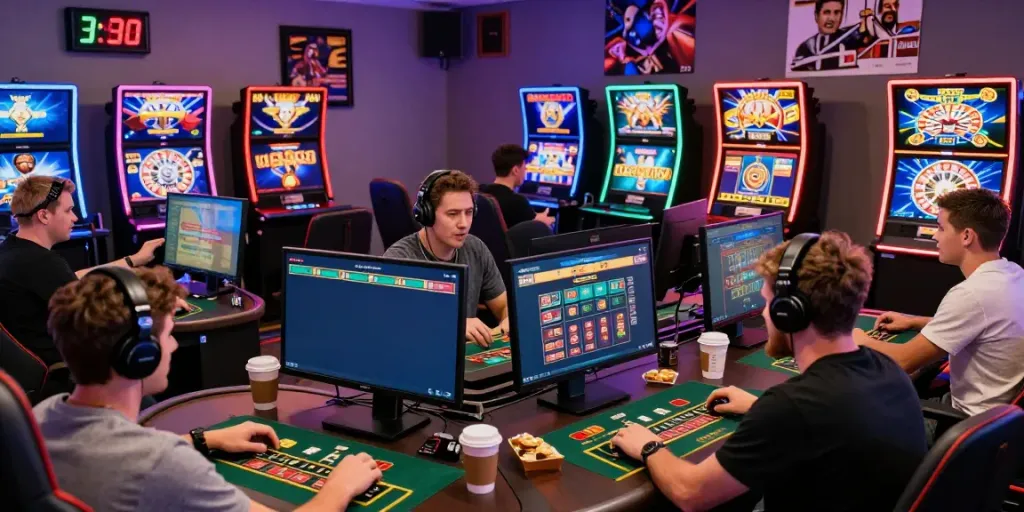 Players enjoying games not on gamstop in a dynamic online casino setting with vibrant lights and immersive gaming.