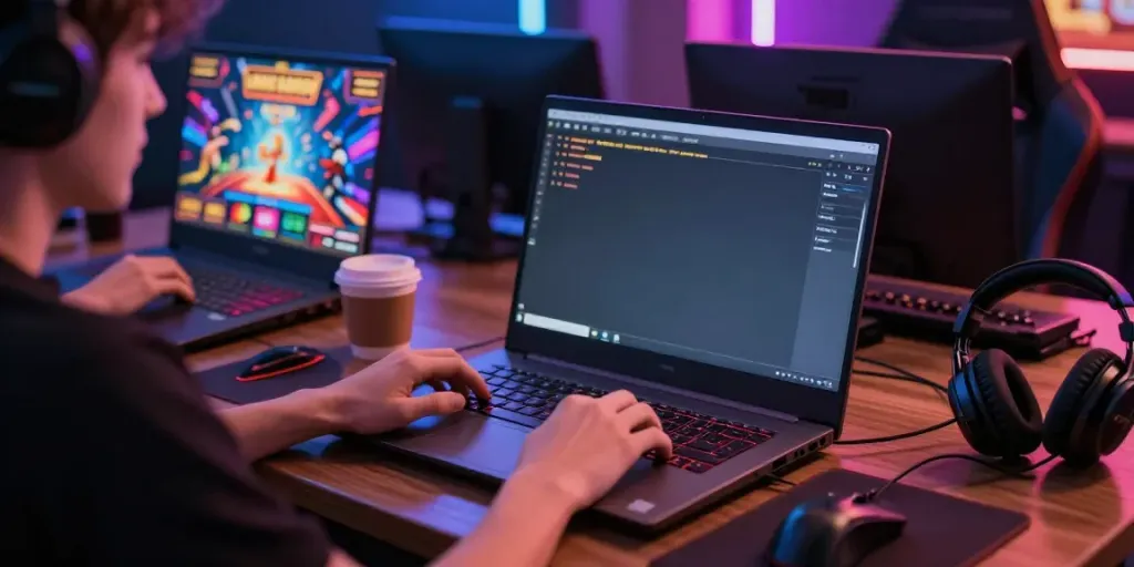 Engaging gaming setup featuring games not on GamStop on a vibrant laptop screen with accessories.