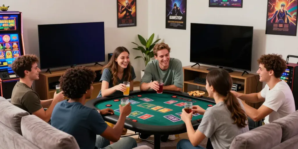 Friends enjoying games not on GamStop in a cozy living room with vibrant gaming screens and snacks.