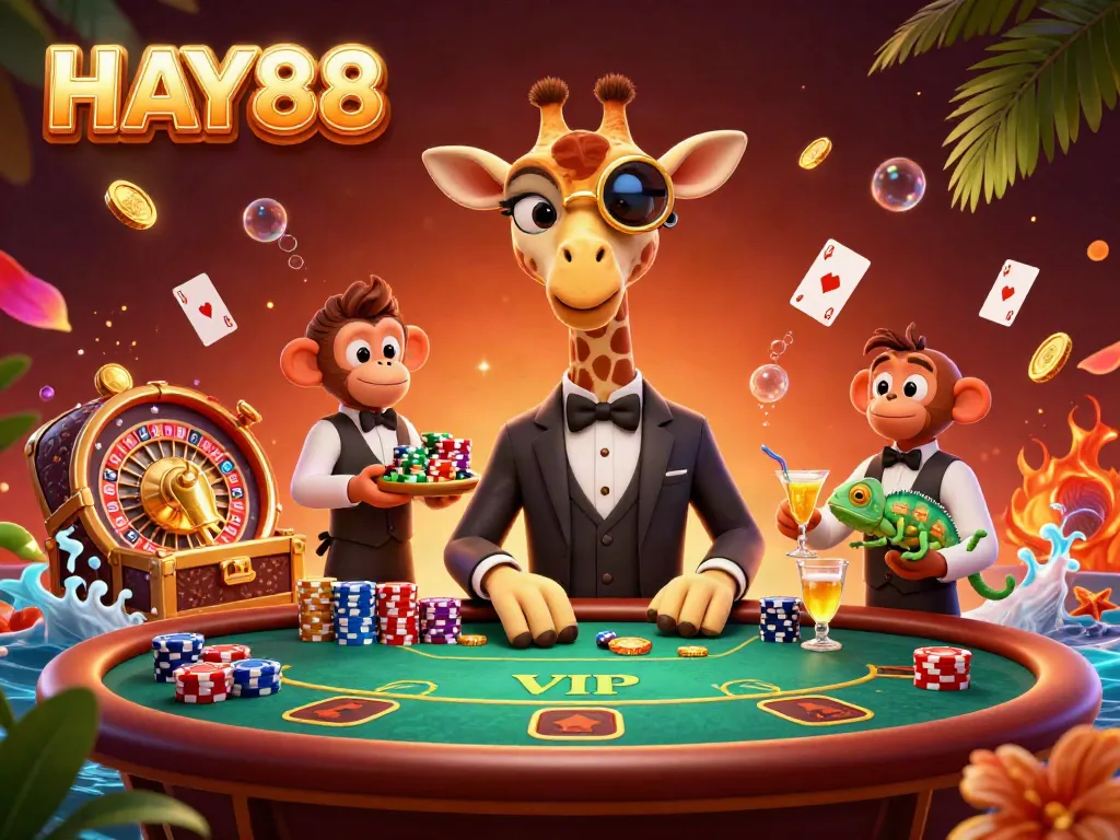 Join HAY88's exciting casino scene with a giraffe high-roller, a monkey valet, and a chameleon bartender amid vibrant games.