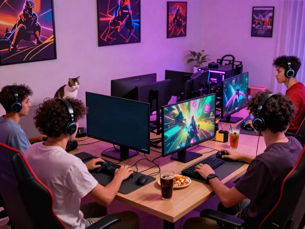 Friends enjoying games not on GamStop in a lively gaming setup.
