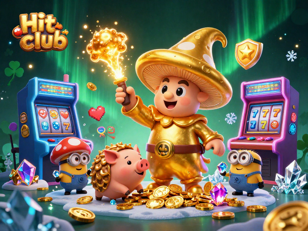 Experience the thrill at Hit club with enchanting golden wizard characters amidst dazzling casino slots.