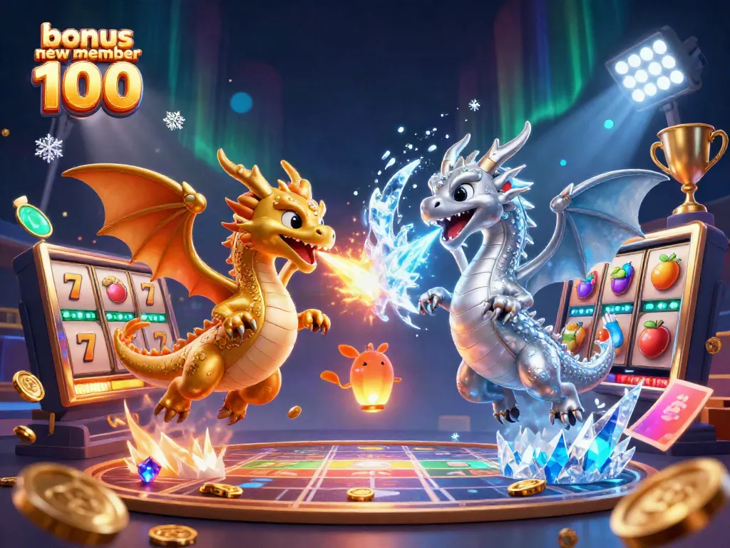 Experience the excitement of the bonus new member 100 with dynamic dragons and vibrant casino elements.