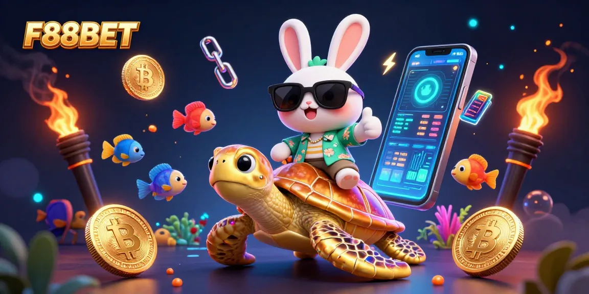 Win big with F88BET's exciting slots, as a lucky rabbit rides a golden turtle!