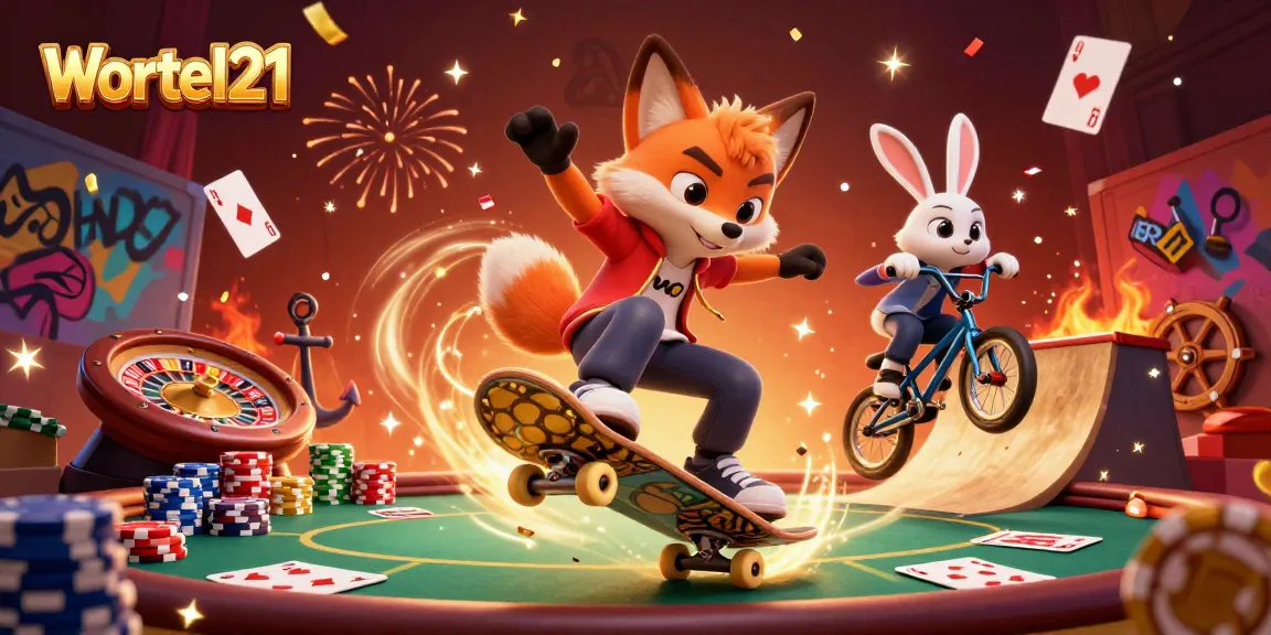 Wortel21 skateboarder fox performs dynamic tricks over golden poker chips, celebrating casino gaming.