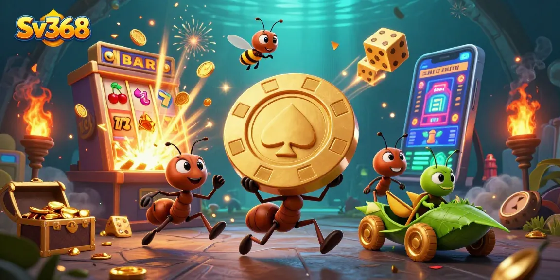 Join the thrilling heist at Sv368 with ants carrying a giant poker chip amidst casino excitement.