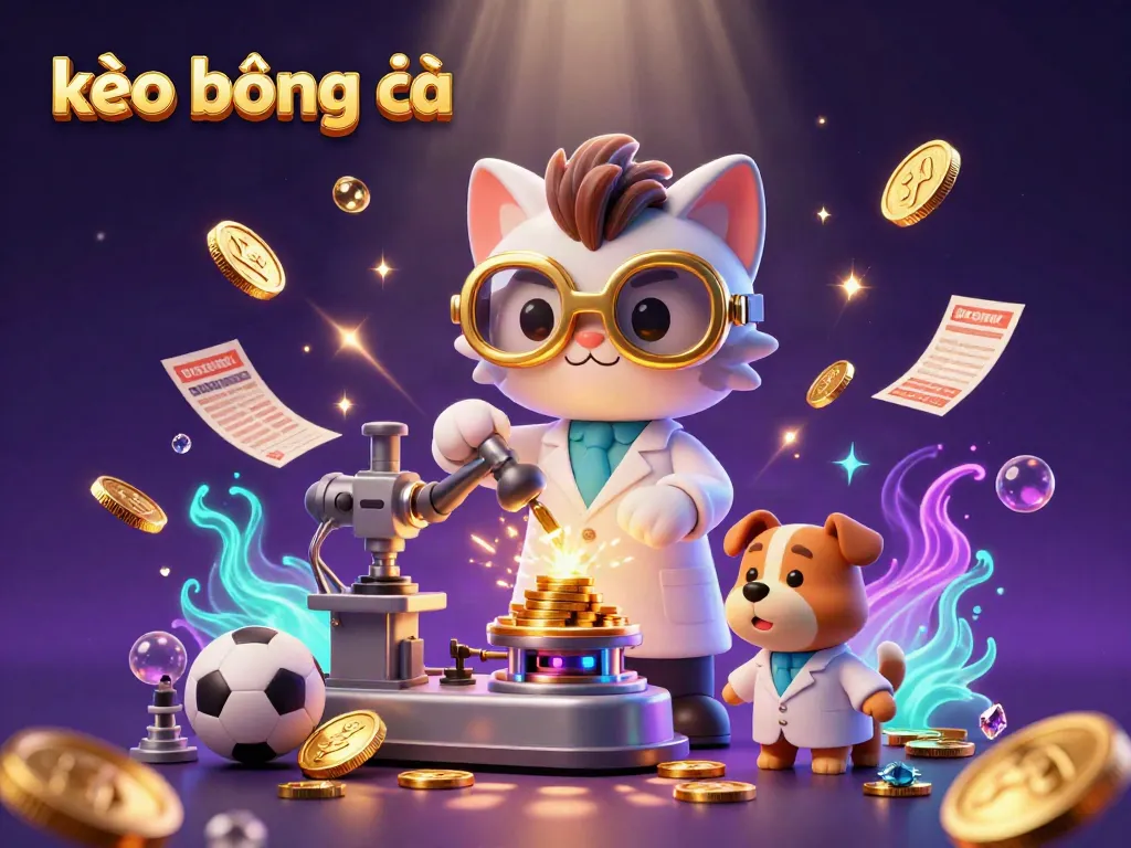 Engage with kèo bóng đá strategies through a vibrant sports betting scene featuring a mad scientist cat and detail-rich elements.