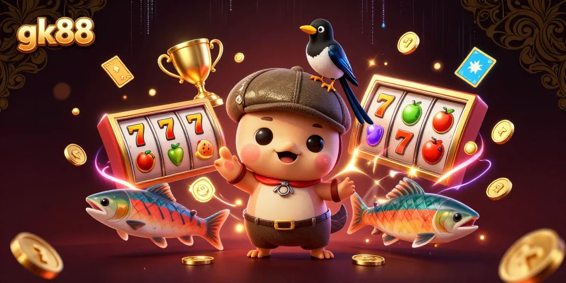 Gamble with gk88 in a vibrant slot game scene featuring a playful baby Nessie and gold elements.