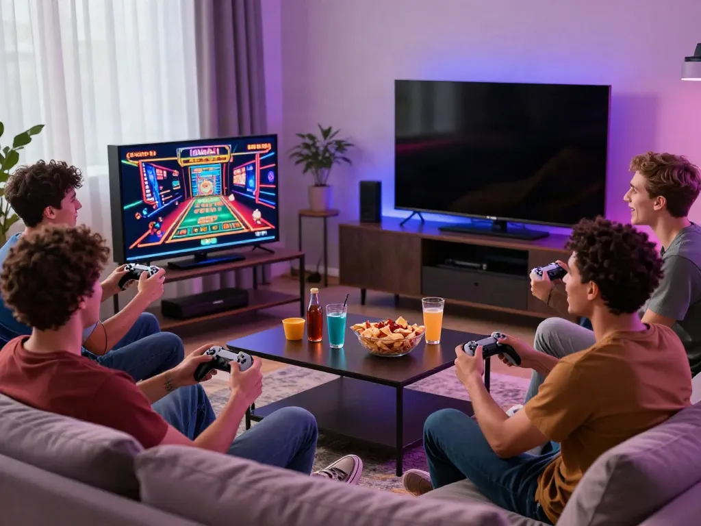 Friends enjoying popular games not on GamStop in a vibrant gaming setup.