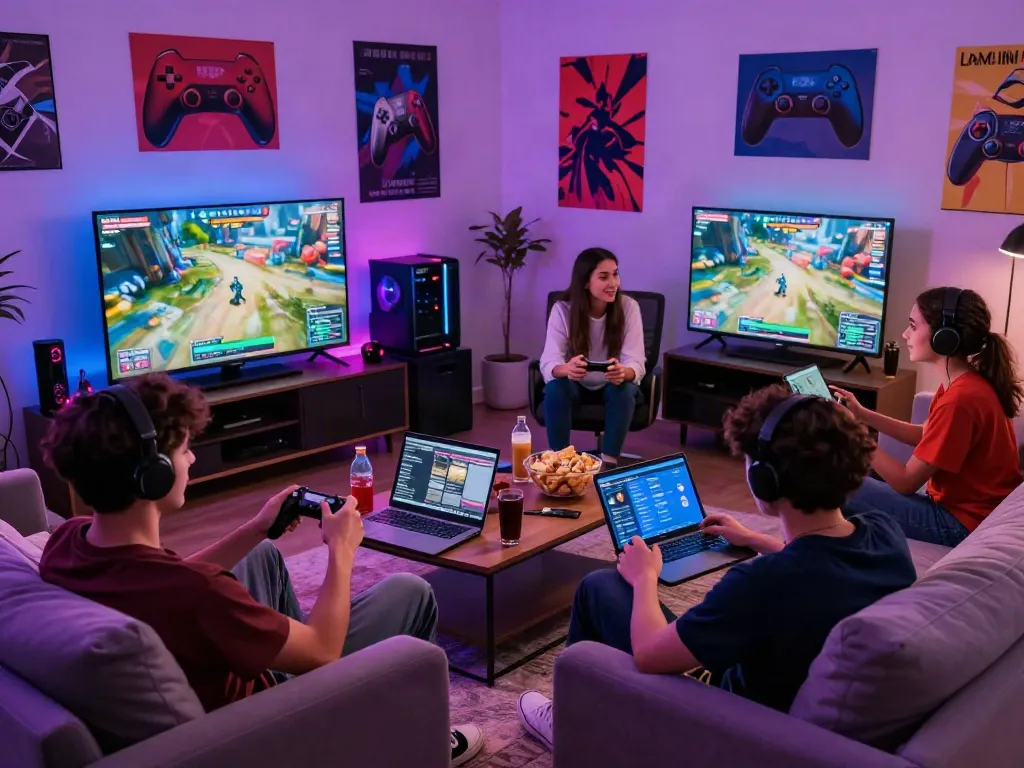 Friends enjoying games not on gamstop in a lively living room