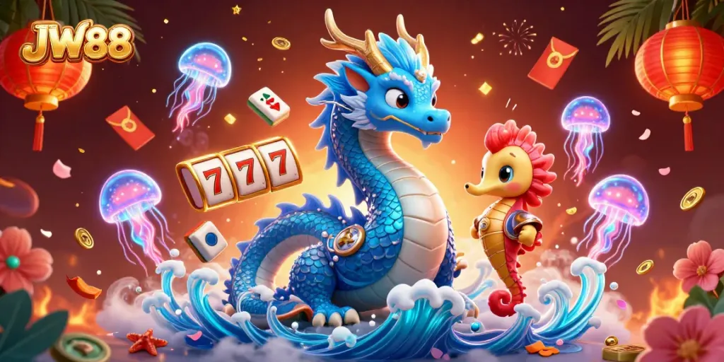 Experience the vibrant world of JW88 as the azure water dragon interacts with neon jellyfish and slot reels in a thrilling casino atmosphere.
