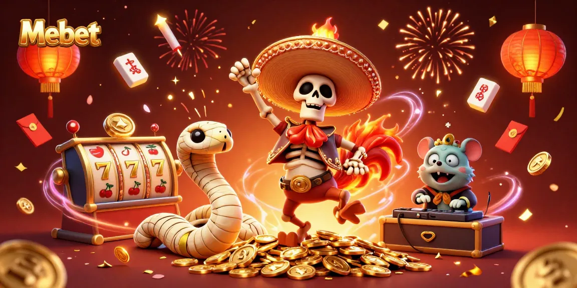 Mebet showcases lively slot gaming with animated characters celebrating on a gold coin pile.