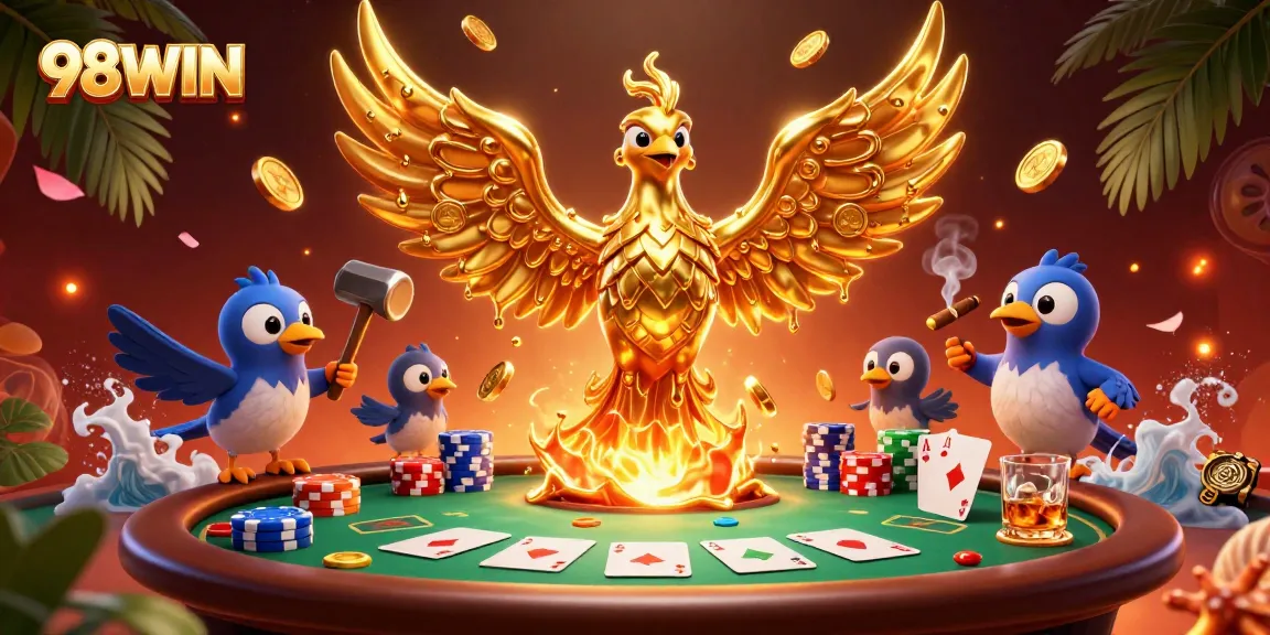 Engage in the thrilling world of 98WIN casino with a phoenix emerging from riches.