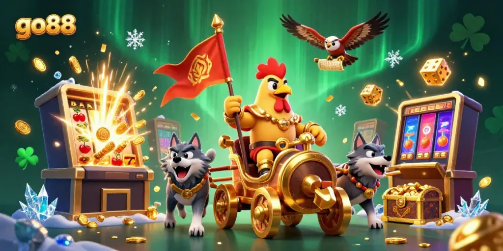 Experience the excitement of go88 with a vibrant 3D casino scene showcasing a rooster warlord and slot machines bursting with jackpots.