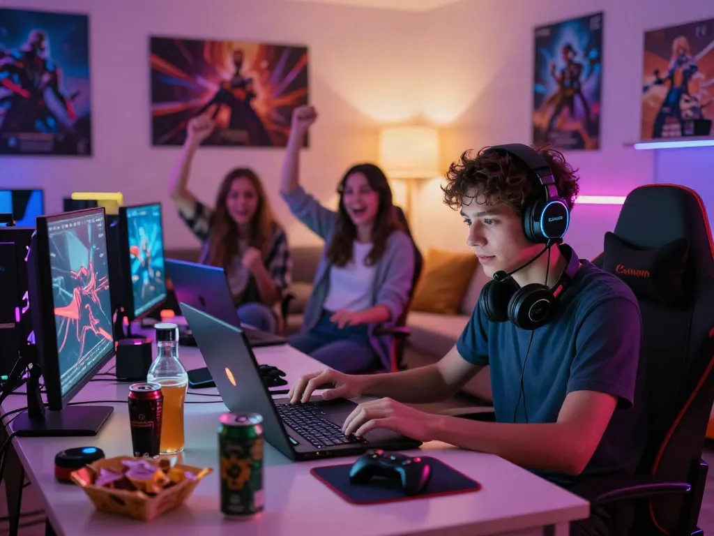 Exciting gaming setup featuring friends enjoying games not on gamstop in a cozy living room.