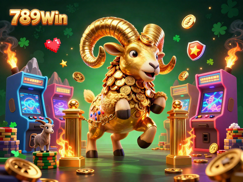 Engage with the thrilling 789Win casino adventure alongside a golden ram and vibrant gaming elements.