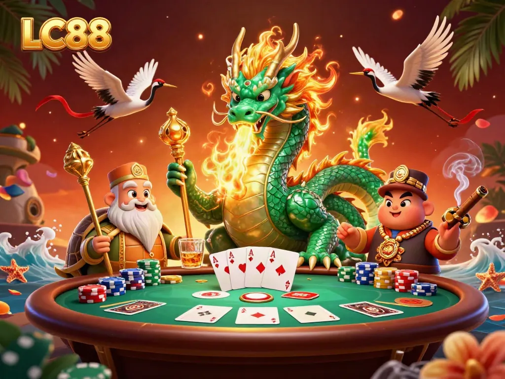 Engage with the exhilarating world of LC88 casino gameplay surrounded by vibrant 3D characters and poker elements.