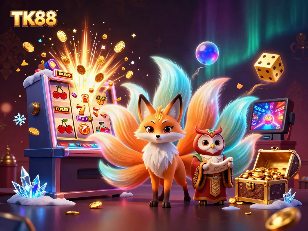 Experience the vibrant world of TK88 with a captivating scene featuring a nine-tailed fox, owl sage, and dynamic casino elements.