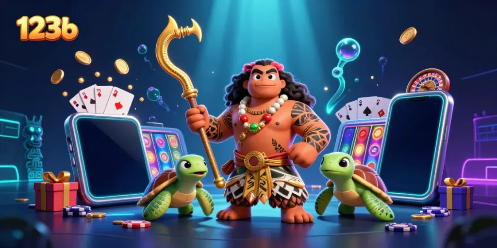 Engage with 123b's vibrant casino experience featuring a demigod and turtle amid colorful slot gaming elements.