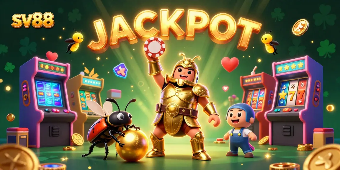 Experience the excitement of sv88 with a jubilant beetle lifting a poker chip, immersed in a colorful gaming scene.