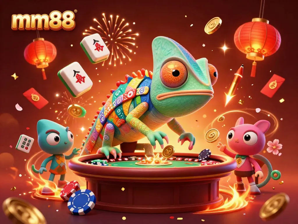 Engage with mm88 in a vibrant casino scene, led by a colorful chameleon character amidst celebratory elements.