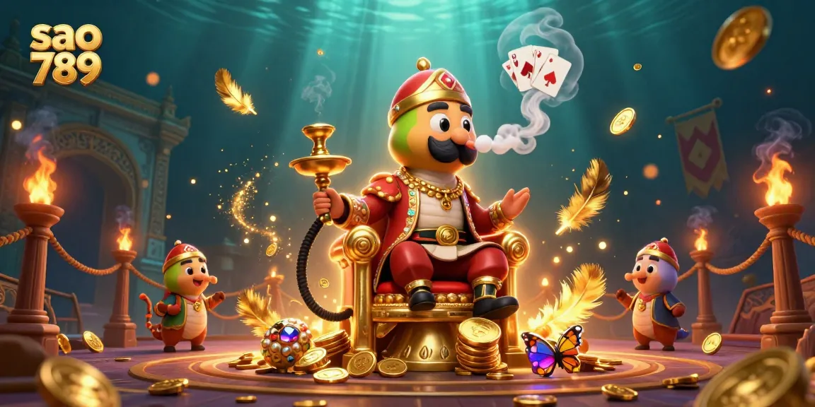 Immerse in the vibrant world of sao 789, with a whimsical casino scene featuring rich details and poker symbols.