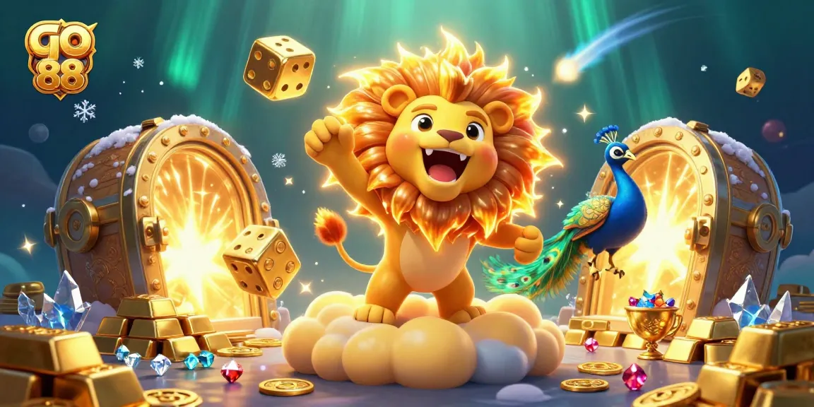 Experience the excitement of go 88 with a vibrant casino-themed digital illustration featuring golden treasures and lively characters.