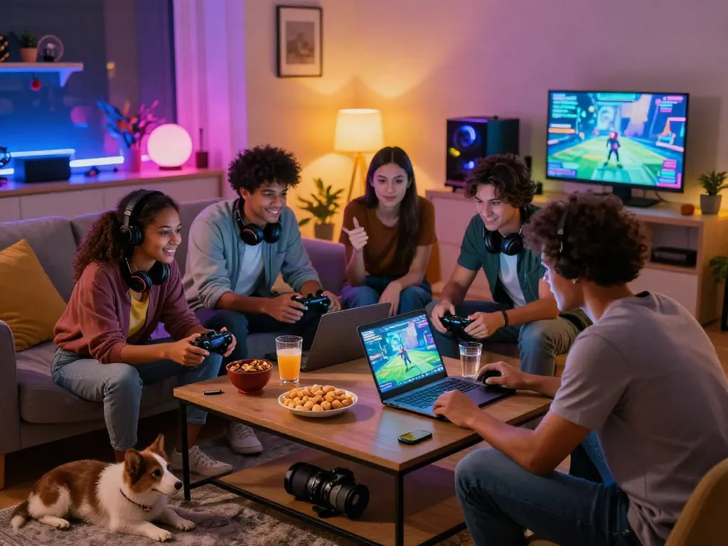 Group of friends enjoying games not on gamstop during a lively online gaming night.