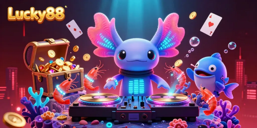 Join the Lucky88 party with lively underwater characters celebrating wealth and fun in this vibrant gambling-themed illustration.