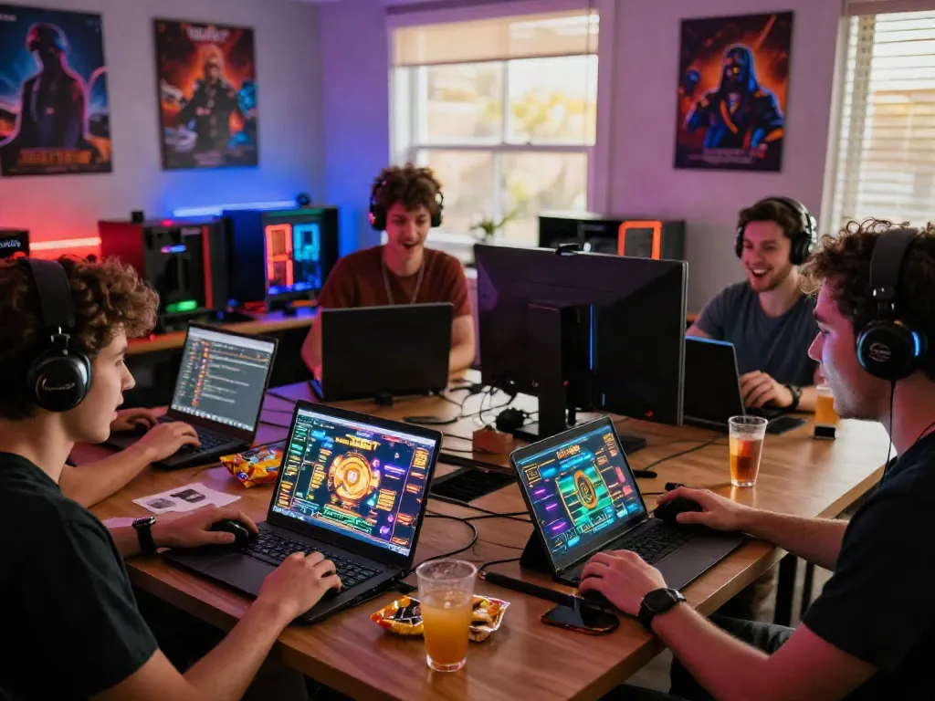 Friends enjoying games not on GamStop in a lively gaming room