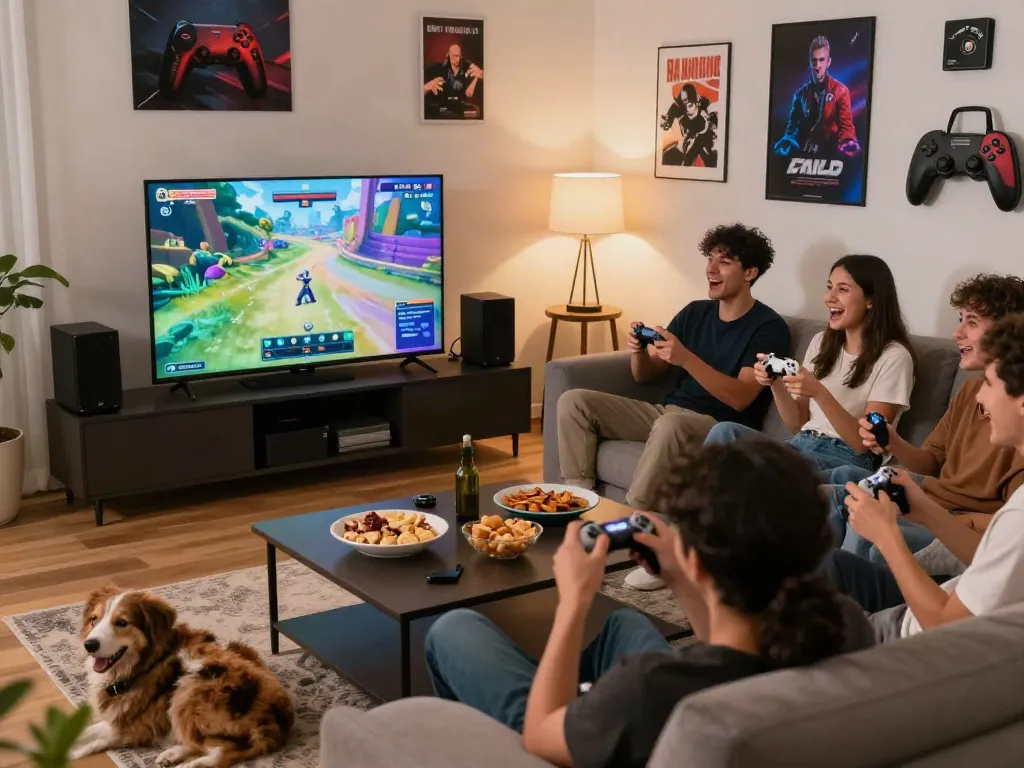 Exciting gaming scene showcasing friends enjoying games not on gamstop together.