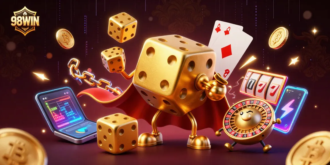 Engage with 98WIN's vibrant 3D casino illustration depicting dynamic characters and gaming elements.