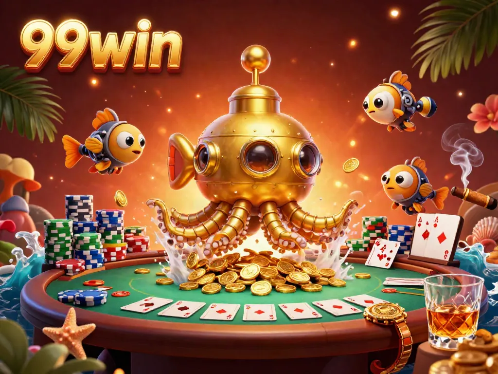 Engage with the vibrant world of 99win through this dynamic scene of a golden kraken submarine amidst poker elements.