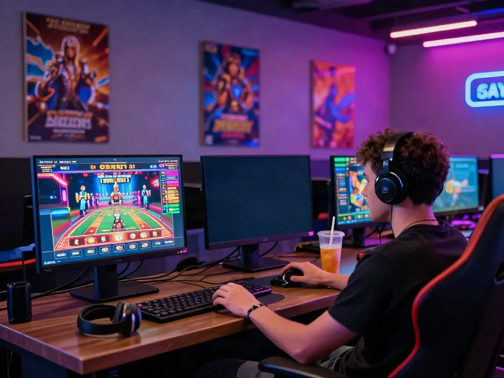 Player engaging with games not on GamStop in a modern gaming lounge with vibrant LEDs.