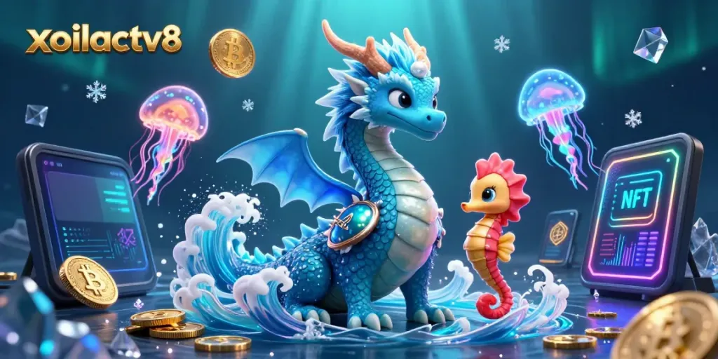 Experience the excitement of xoilactv8 with a vibrant underwater casino scene featuring a mystical water dragon and glowing jellyfish.