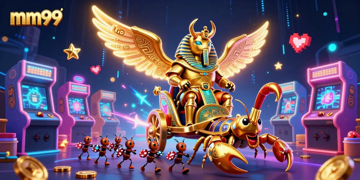 Engage with exciting games at mm99, featuring golden scarab beetle characters and vibrant casino-themed elements.