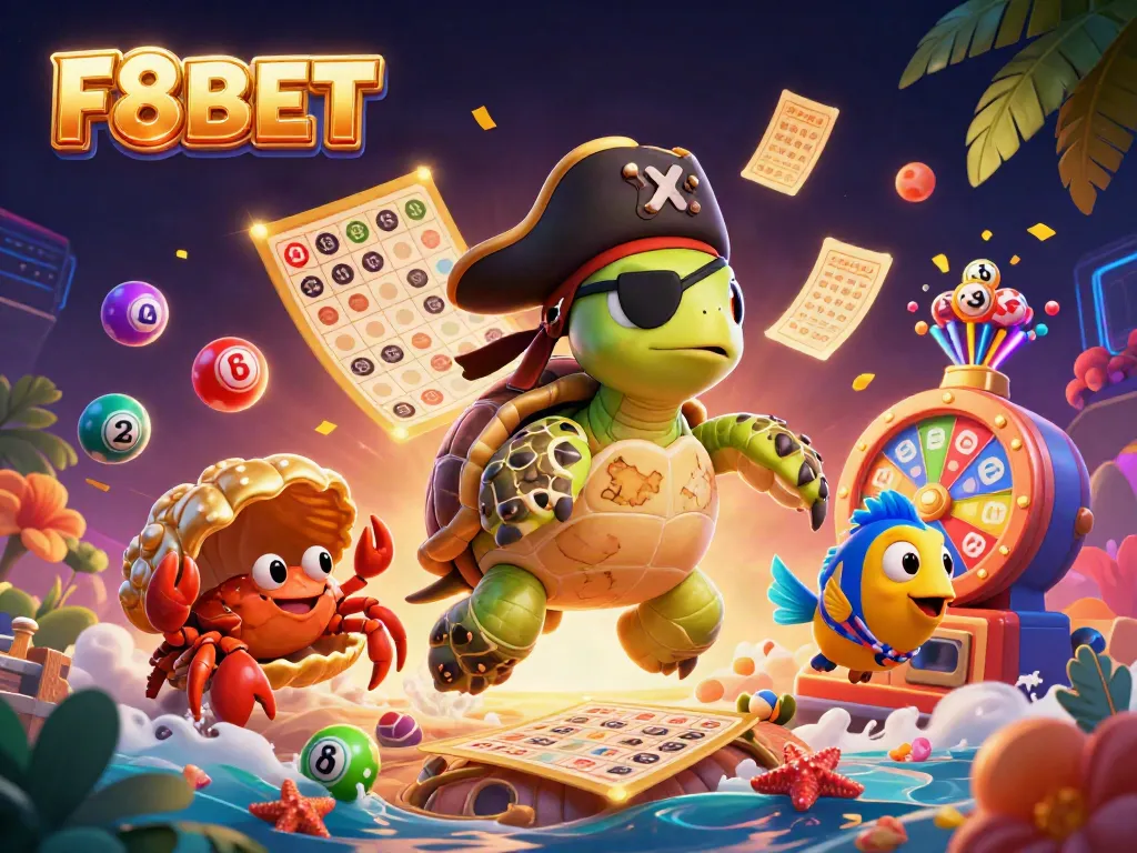Experience exciting gaming with F8BET as colorful lottery elements surround a pirate-themed underwater adventure.