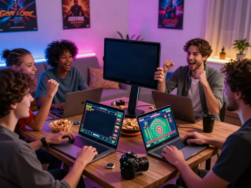 Friends enjoying games not on GamStop in a lively gaming setup.