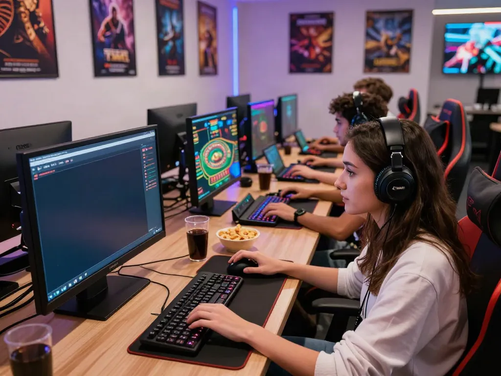 Players enjoying various games not on GamStop in a vibrant gaming lounge
