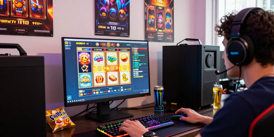 Enthusiastic gamer enjoying situs slot deposit 10 ribu experience with animated game interface and vibrant accessories.