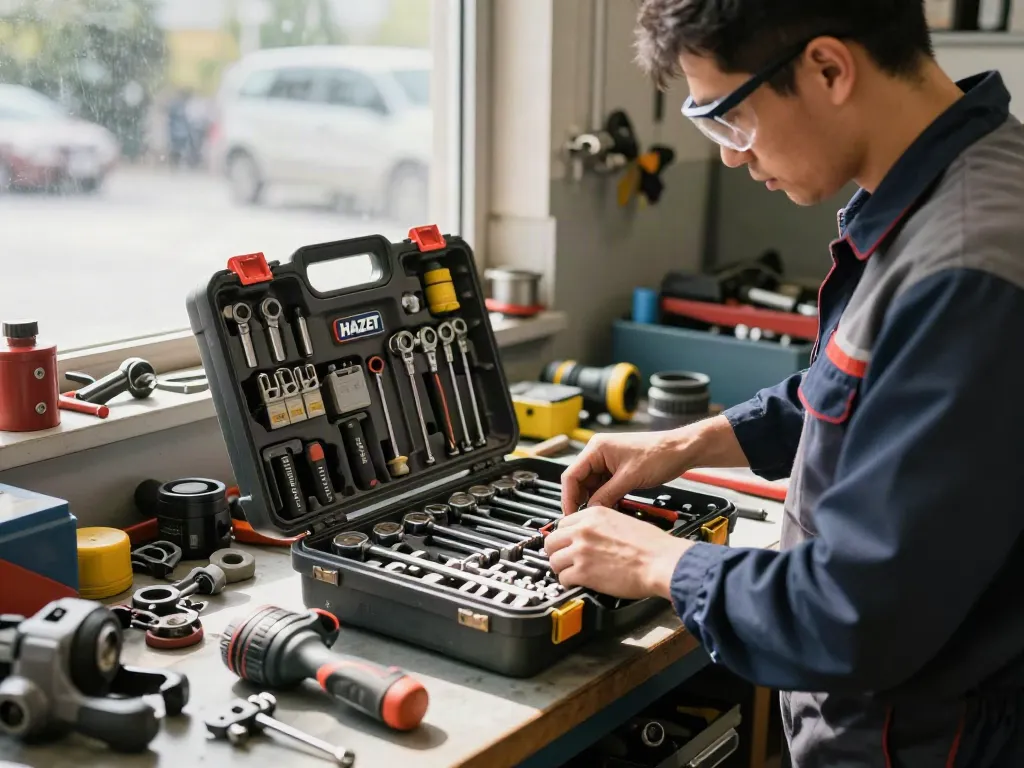 Technician organizing tools in a HAZET tool box in a bright automotive workshop.
