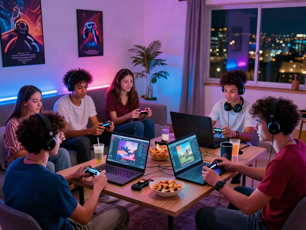 Friends enjoying games not on gamstop in a lively gaming room