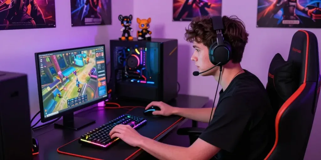 Engaged gamer exploring games not on gamstop in a vibrant gaming setup.