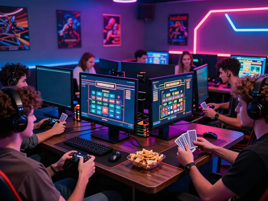 Exciting gaming night with friends enjoying games not on gamstop in a vibrant lounge.