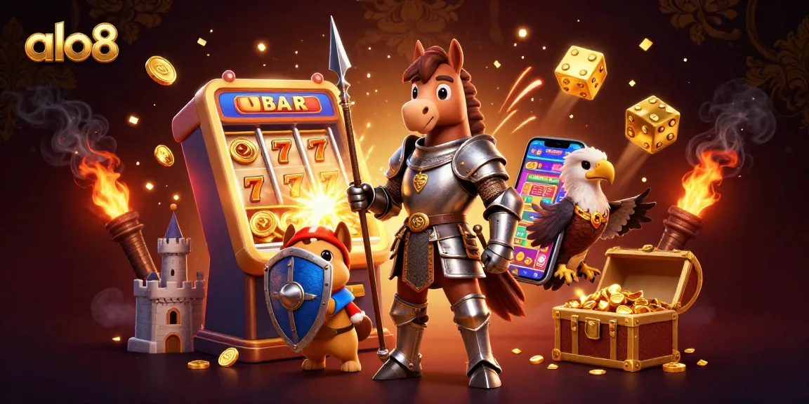 Experience the excitement of alo8 with a vibrant illustration of a knight, squire, and falcon surrounded by casino symbols and jackpots.