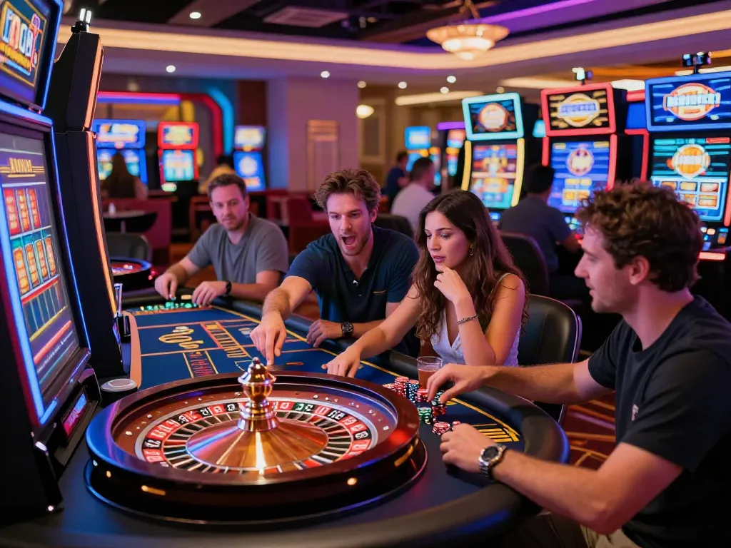 Exciting casino environment showcasing games not on GamStop, featuring engaged players at roulette and slot machines.