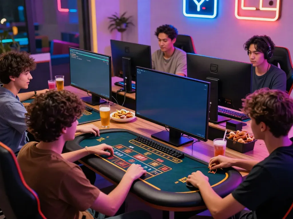 Friends enjoying games not on GamStop at a vibrant gaming setup.