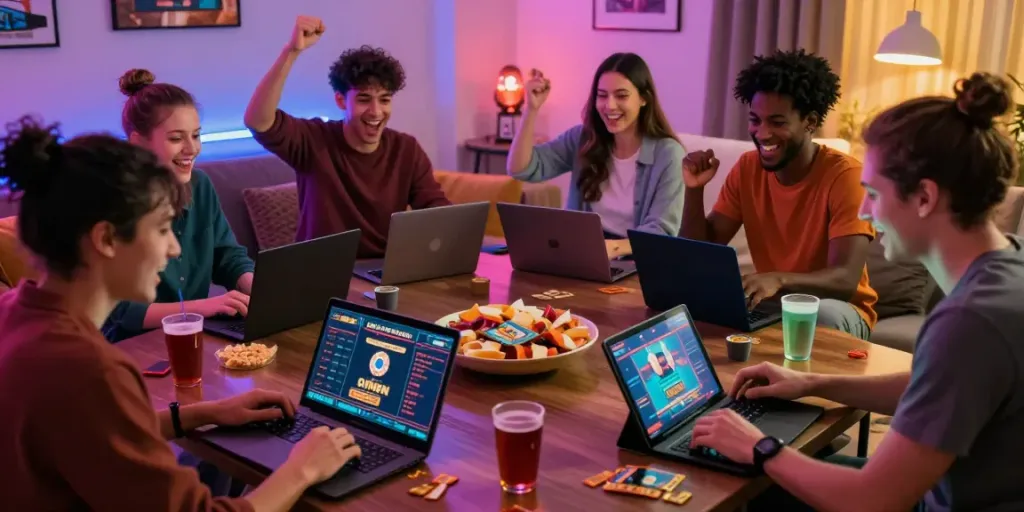 Friends enjoying games not on gamstop together in a lively living room