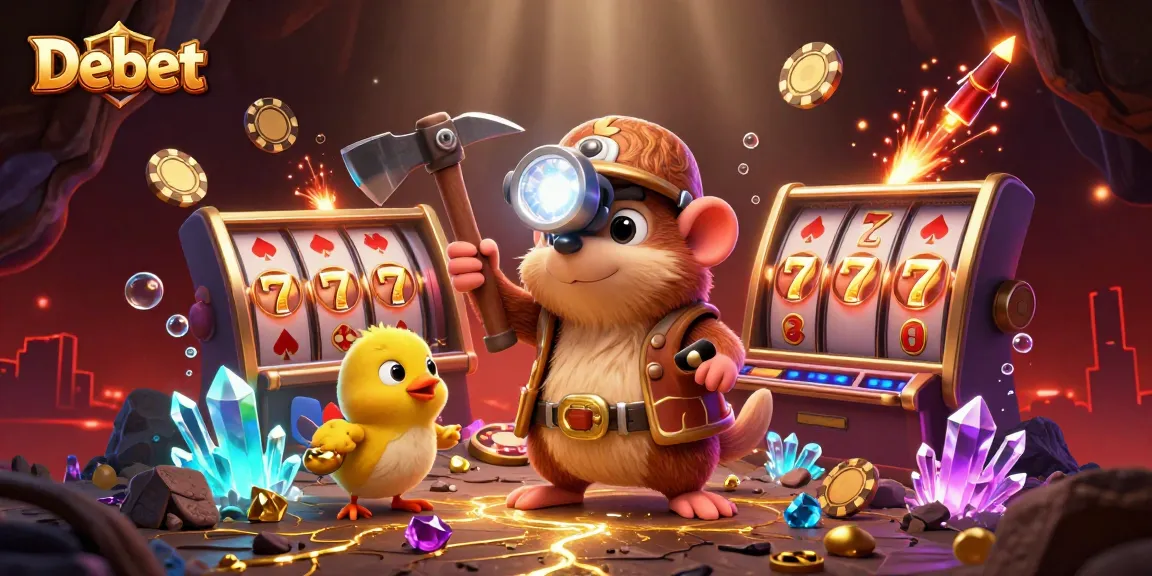 Immerse yourself with Debet's vibrant jackpot scene featuring a treasure hunter and exciting casino elements.