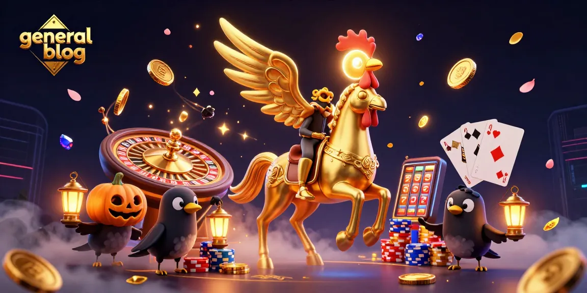 A vibrant illustration for the general blog, showcasing an adventurous golden rooster in a casino setting, amid sparkling coins and game elements.